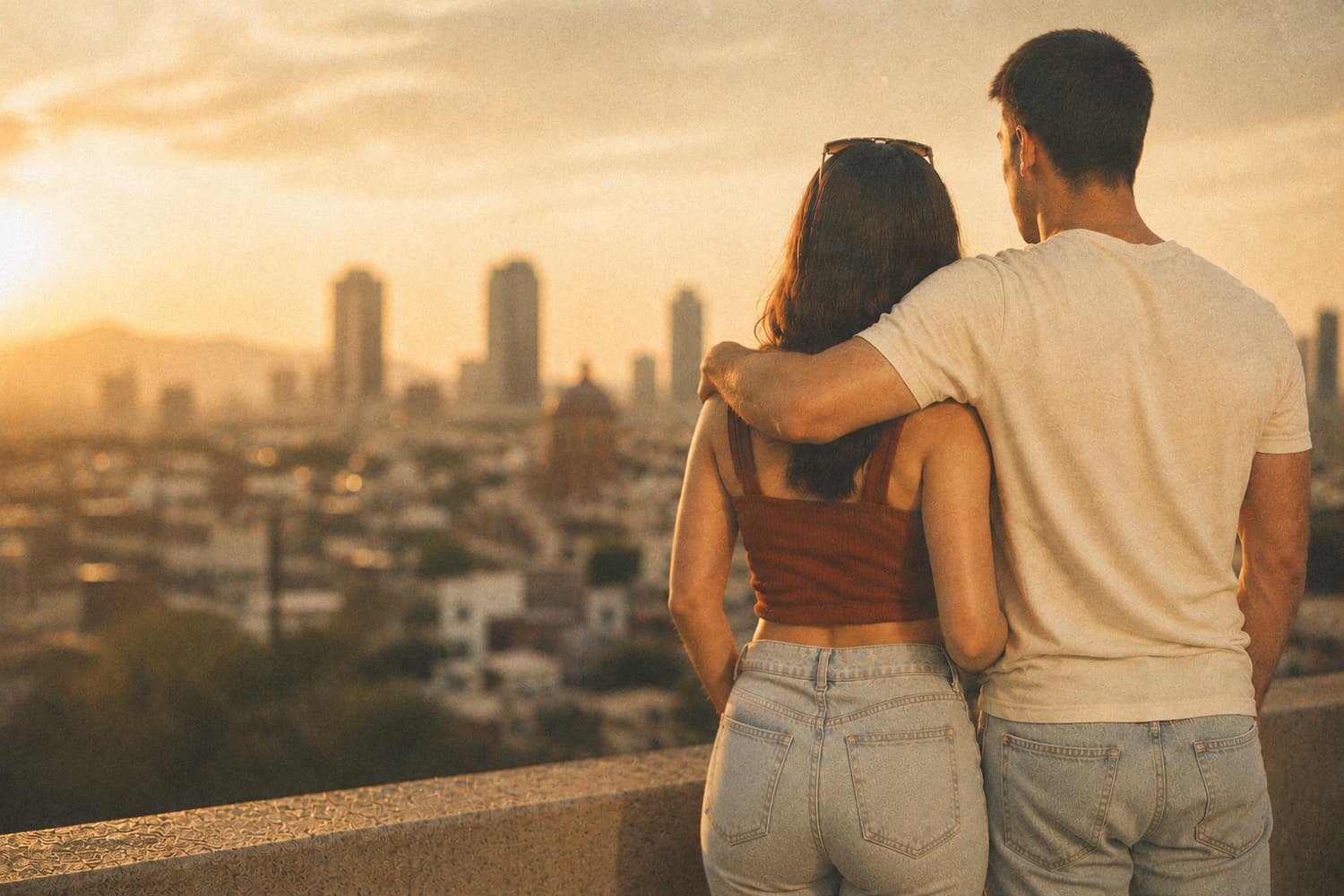 Pareja al atardecer con vista a la ciudad, vistiendo bold jeans