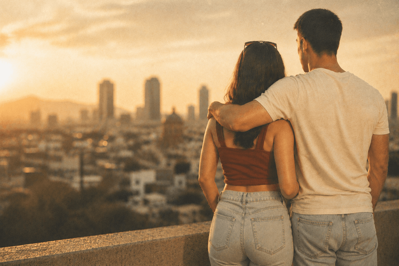 Pareja al atardecer con vista a la ciudad, vistiendo bold jeans